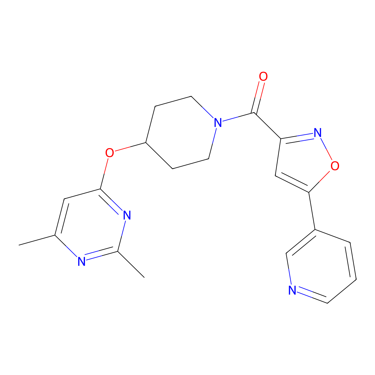 2,4-Dimethyl-6-({1-[5-(pyridin-3-yl)-1,2-oxazole-3-carbonyl]piperidin-4-yl}oxy)pyrimidine molecular structure, CAS 2034580-03-3