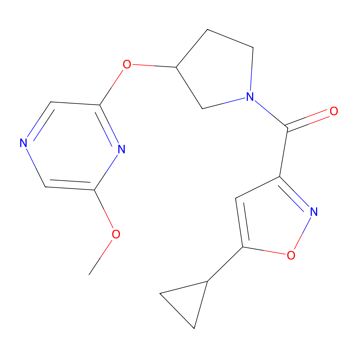 (5-Cyclopropylisoxazol-3-yl)(3-((6-methoxypyrazin-2-yl)oxy)pyrrolidin-1-yl)methanone molecular structure, CAS 2034580-04-4