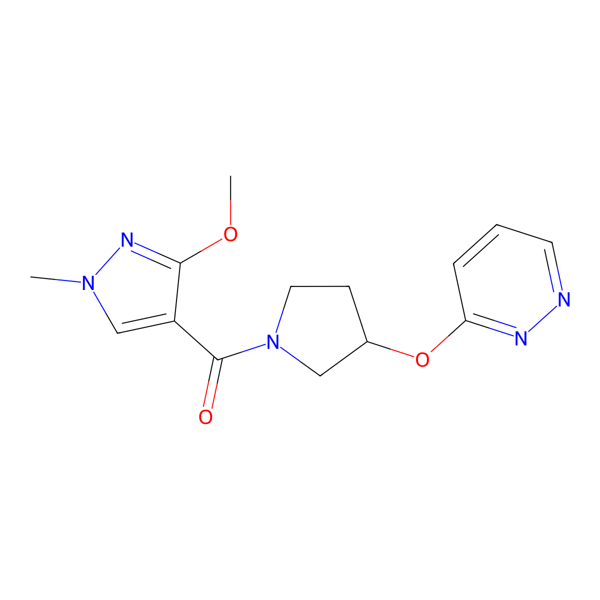 (3-methoxy-1-methyl-1H-pyrazol-4-yl)(3-(pyridazin-3-yloxy)pyrrolidin-1-yl)methanone molecular structure, CAS 2034580-14-6