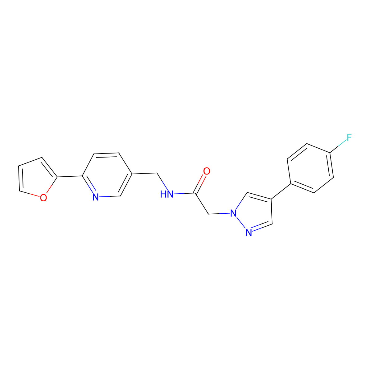 2-[4-(4-fluorophenyl)-1H-pyrazol-1-yl]-N-{[6-(furan-2-yl)pyridin-3-yl]methyl}acetamide molecular structure, CAS 2034580-22-6