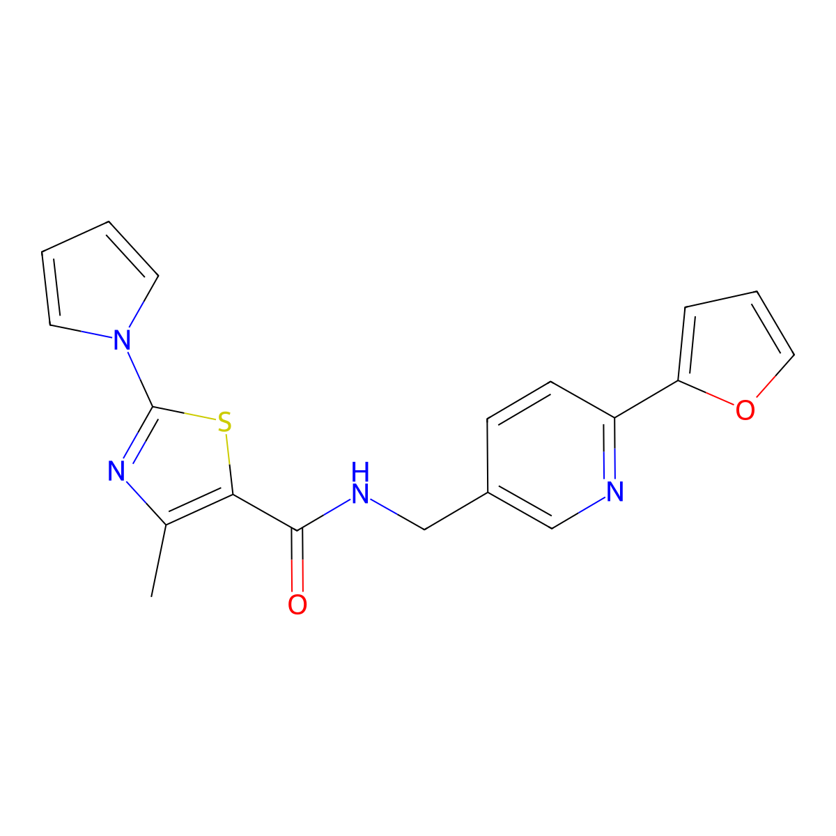 N-((6-(furan-2-yl)pyridin-3-yl)methyl)-4-methyl-2-(1H-pyrrol-1-yl)thiazole-5-carboxamide molecular structure, CAS 2034580-49-7