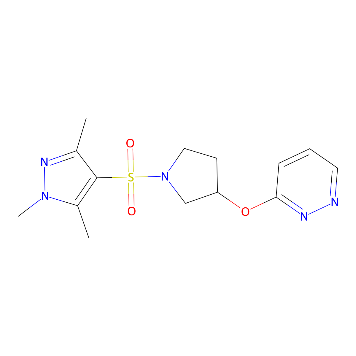 3-({1-[(1,3,5-trimethyl-1H-pyrazol-4-yl)sulfonyl]pyrrolidin-3-yl}oxy)pyridazine molecular structure, CAS 2034580-55-5