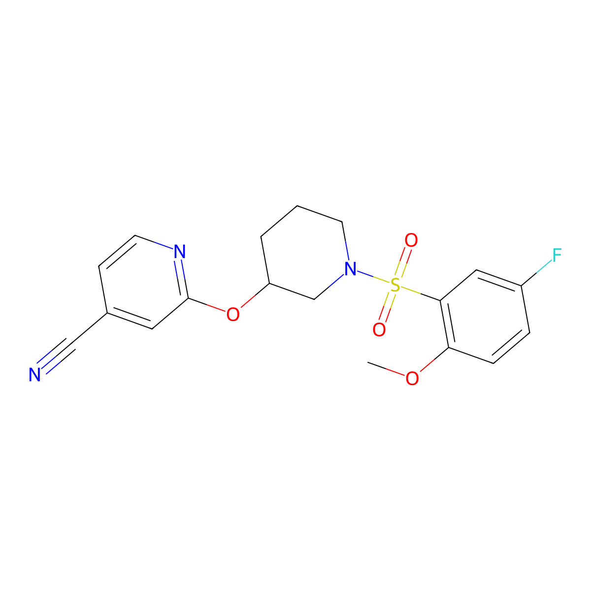2-((1-((5-Fluoro-2-methoxyphenyl)sulfonyl)piperidin-3-yl)oxy)isonicotinonitrile molecular structure, CAS 2034580-56-6