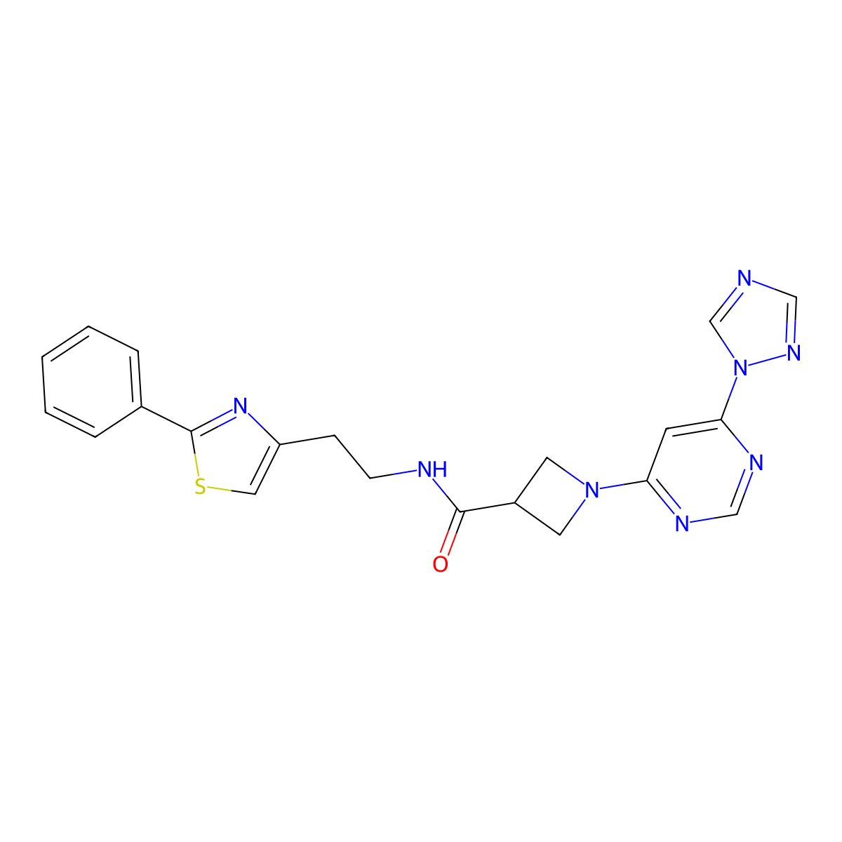 1-(6-(1H-1,2,4-triazol-1-yl)pyrimidin-4-yl)-N-(2-(2-phenylthiazol-4-yl)ethyl)azetidine-3-carboxamide molecular structure, CAS 2034580-59-9