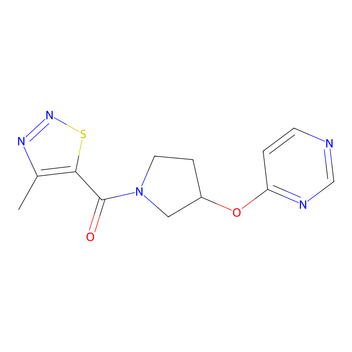 (4-Methyl-1,2,3-thiadiazol-5-yl)(3-(pyrimidin-4-yloxy)pyrrolidin-1-yl)methanone molecular structure, CAS 2034580-63-5