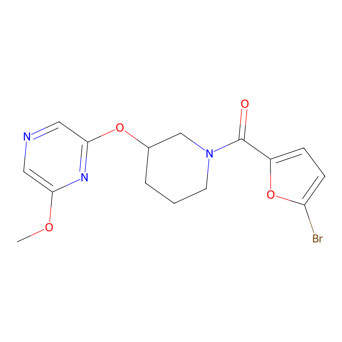 (5-Bromofuran-2-yl)(3-((6-methoxypyrazin-2-yl)oxy)piperidin-1-yl)methanone molecular structure, CAS 2034580-66-8