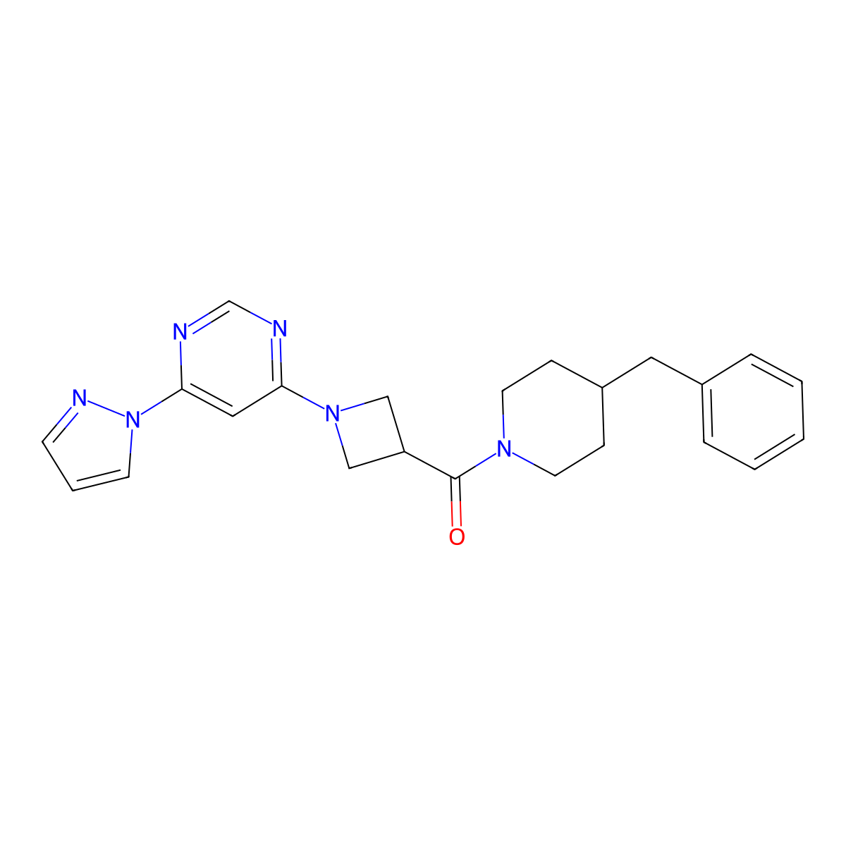 (1-(6-(1H-pyrazol-1-yl)pyrimidin-4-yl)azetidin-3-yl)(4-benzylpiperidin-1-yl)methanone molecular structure, CAS 2034580-84-0