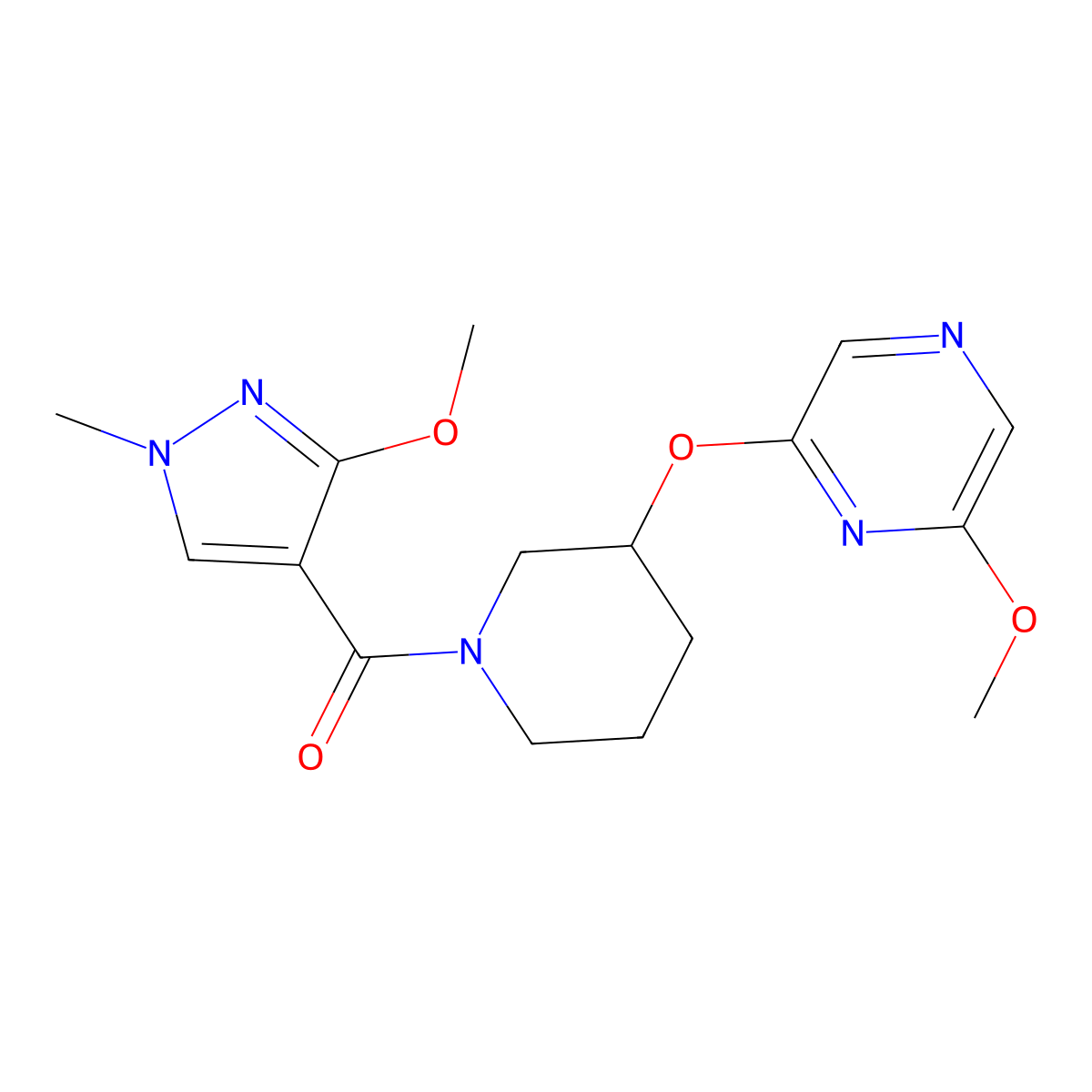 (3-methoxy-1-methyl-1H-pyrazol-4-yl)(3-((6-methoxypyrazin-2-yl)oxy)piperidin-1-yl)methanone molecular structure, CAS 2034580-86-2