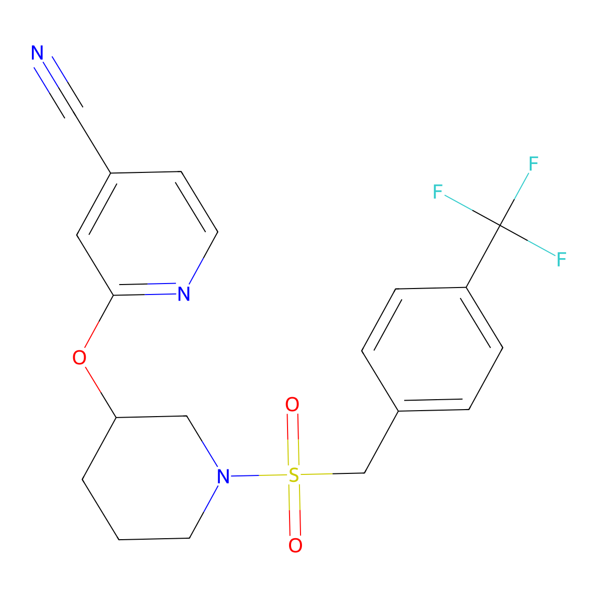 2-((1-((4-(Trifluoromethyl)benzyl)sulfonyl)piperidin-3-yl)oxy)isonicotinonitrile molecular structure, CAS 2034580-87-3