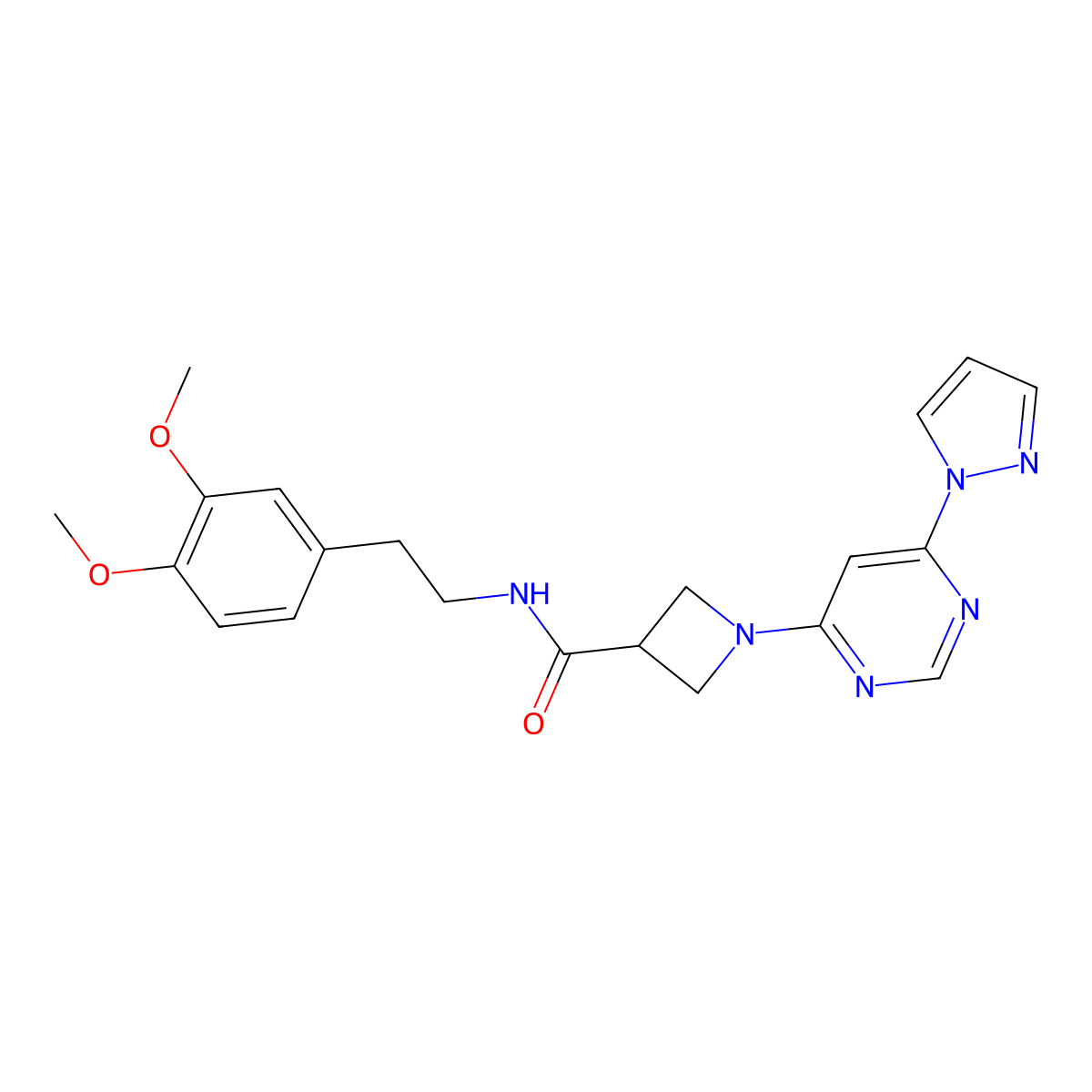 1-(6-(1H-pyrazol-1-yl)pyrimidin-4-yl)-N-(3,4-dimethoxyphenethyl)azetidine-3-carboxamide molecular structure, CAS 2034580-90-8
