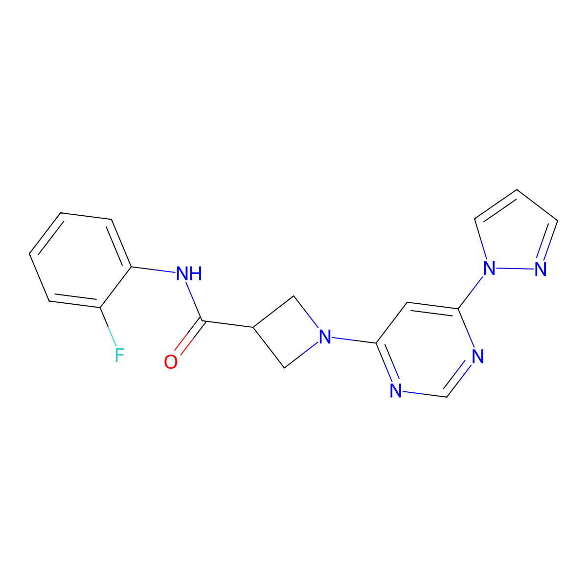 1-(6-(1H-pyrazol-1-yl)pyrimidin-4-yl)-N-(2-fluorophenyl)azetidine-3-carboxamide molecular structure, CAS 2034580-98-6