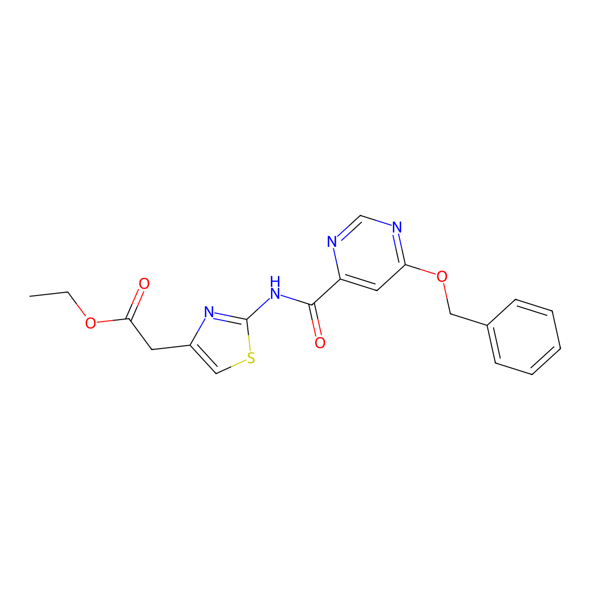 Ethyl 2-(2-(6-(benzyloxy)pyrimidine-4-carboxamido)thiazol-4-yl)acetate molecular structure, CAS 2034580-99-7