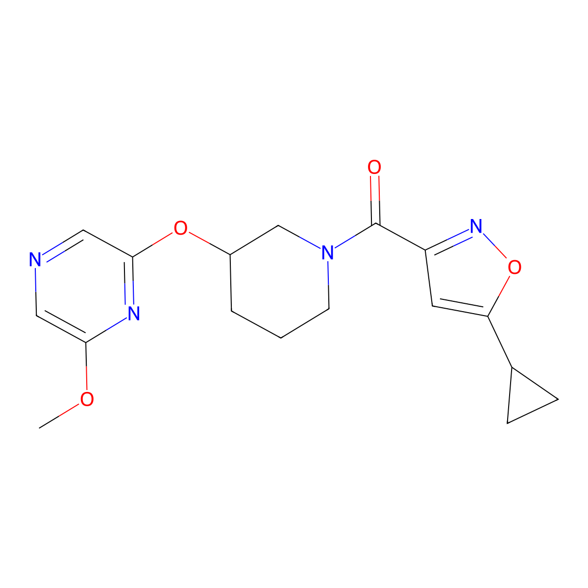 (5-Cyclopropylisoxazol-3-yl)(3-((6-methoxypyrazin-2-yl)oxy)piperidin-1-yl)methanone molecular structure, CAS 2034581-06-9