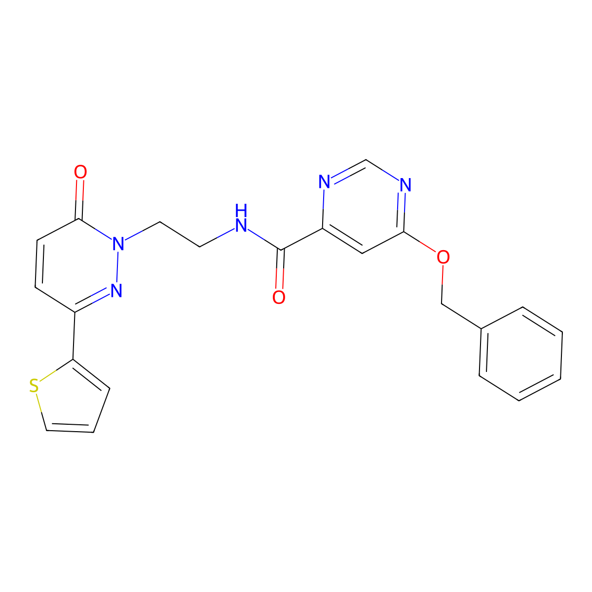 6-(benzyloxy)-N-(2-(6-oxo-3-(thiophen-2-yl)pyridazin-1(6H)-yl)ethyl)pyrimidine-4-carboxamide molecular structure, CAS 2034581-11-6