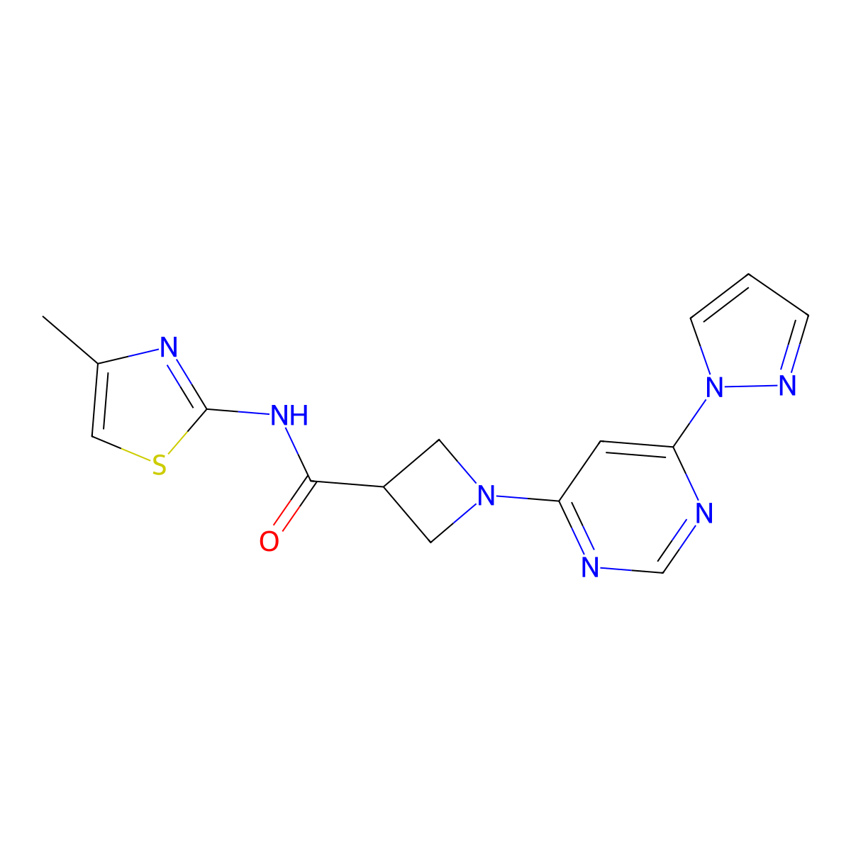1-(6-(1H-pyrazol-1-yl)pyrimidin-4-yl)-N-(4-methylthiazol-2-yl)azetidine-3-carboxamide molecular structure, CAS 2034581-12-7