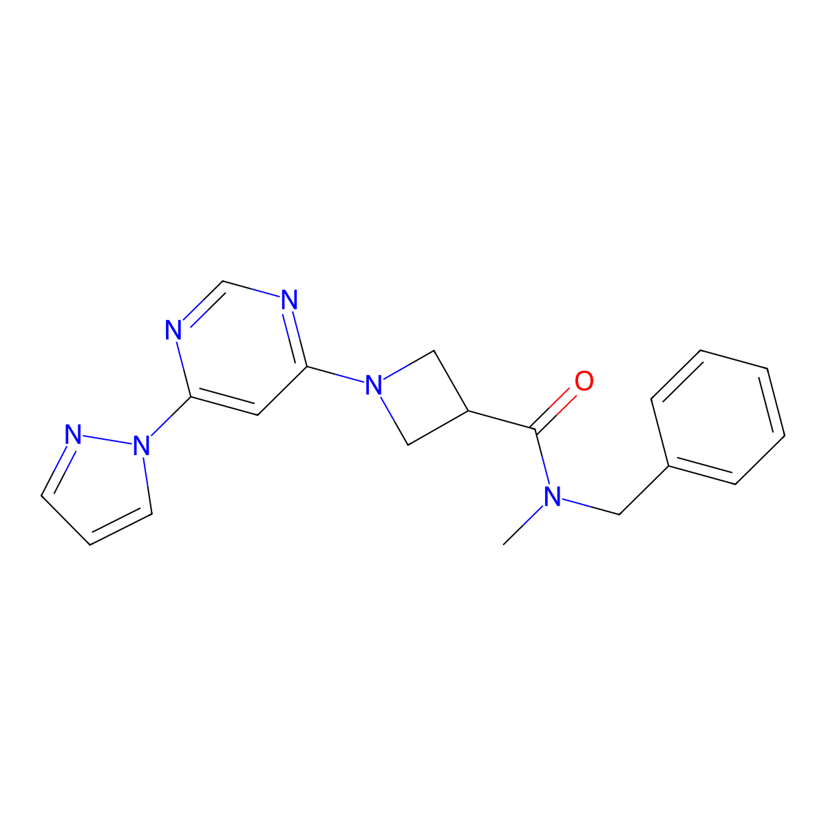 1-(6-(1H-pyrazol-1-yl)pyrimidin-4-yl)-N-benzyl-N-methylazetidine-3-carboxamide molecular structure, CAS 2034581-20-7