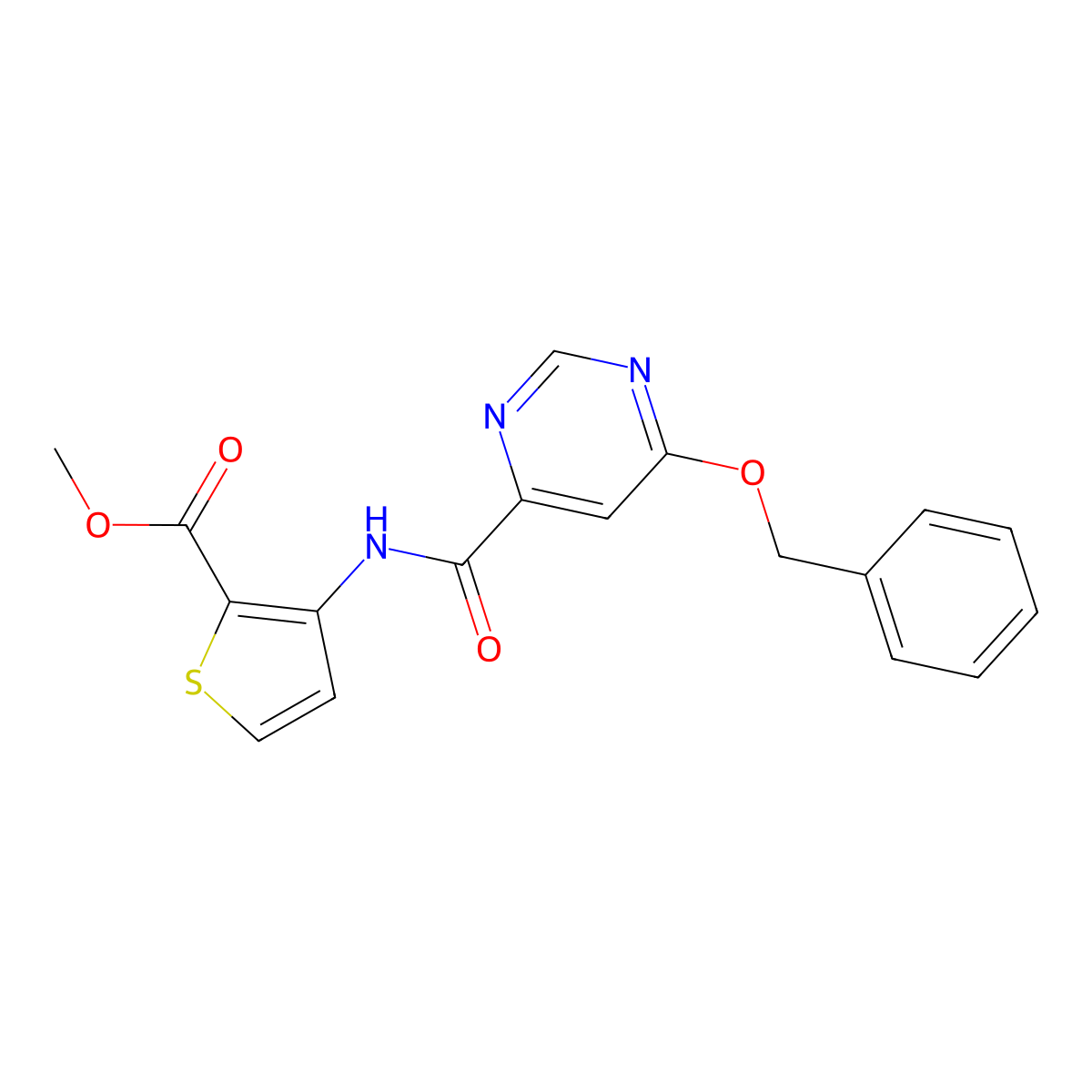 Methyl 3-(6-(benzyloxy)pyrimidine-4-carboxamido)thiophene-2-carboxylate molecular structure, CAS 2034581-23-0