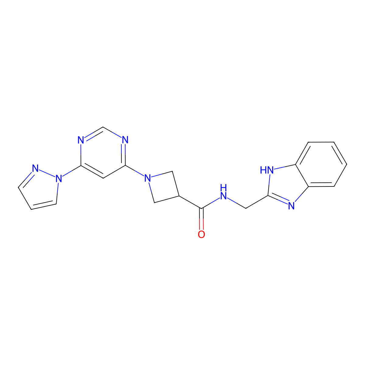 N-((1H-benzo[d]imidazol-2-yl)methyl)-1-(6-(1H-pyrazol-1-yl)pyrimidin-4-yl)azetidine-3-carboxamide molecular structure, CAS 2034581-26-3