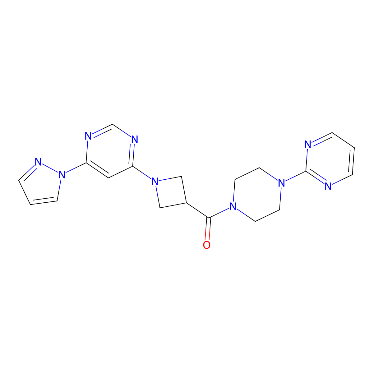 (1-(6-(1H-pyrazol-1-yl)pyrimidin-4-yl)azetidin-3-yl)(4-(pyrimidin-2-yl)piperazin-1-yl)methanone molecular structure, CAS 2034581-33-2