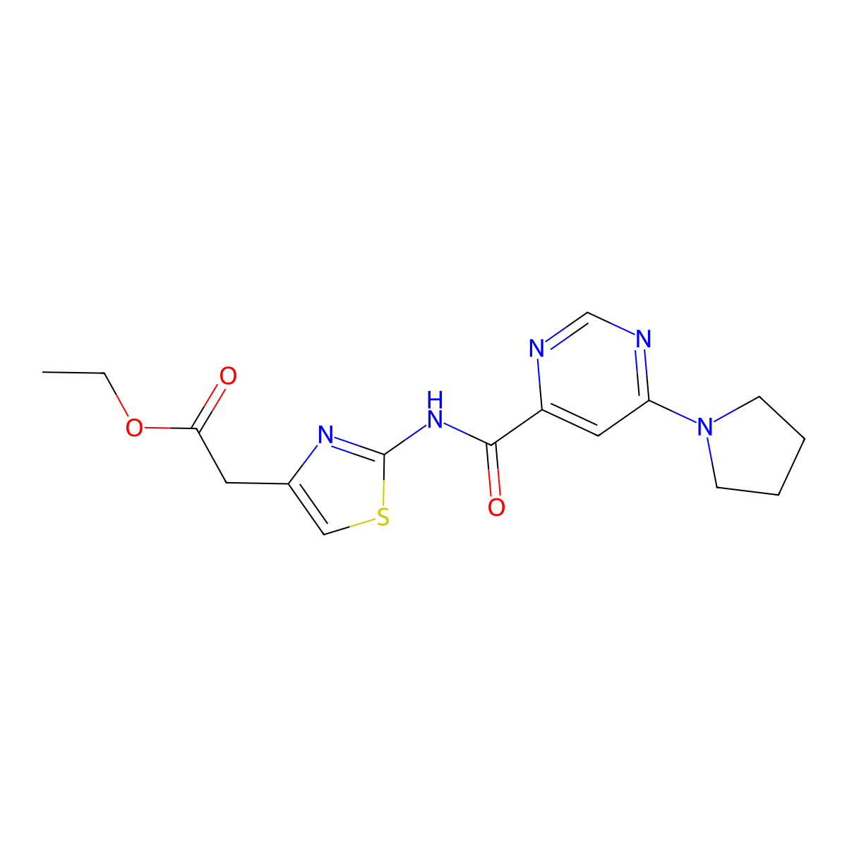 Ethyl 2-(2-(6-(pyrrolidin-1-yl)pyrimidine-4-carboxamido)thiazol-4-yl)acetate molecular structure, CAS 2034581-35-4