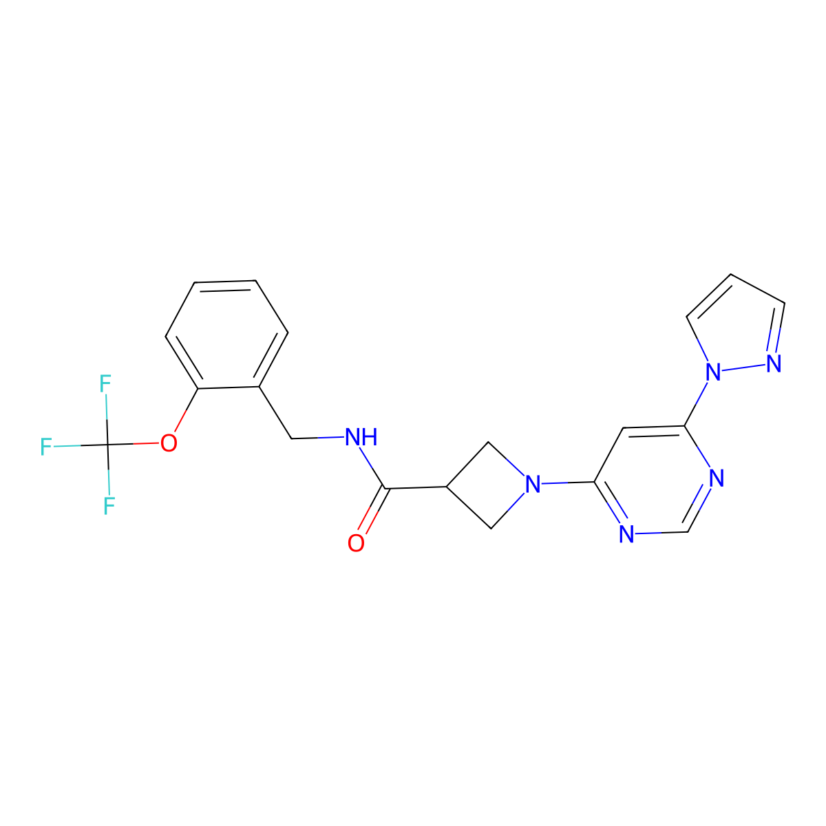 1-(6-(1H-pyrazol-1-yl)pyrimidin-4-yl)-N-(2-(trifluoromethoxy)benzyl)azetidine-3-carboxamide molecular structure, CAS 2034581-38-7