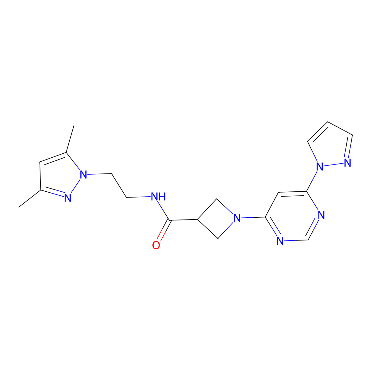 1-(6-(1H-pyrazol-1-yl)pyrimidin-4-yl)-N-(2-(3,5-dimethyl-1H-pyrazol-1-yl)ethyl)azetidine-3-carboxamide molecular structure, CAS 2034581-43-4