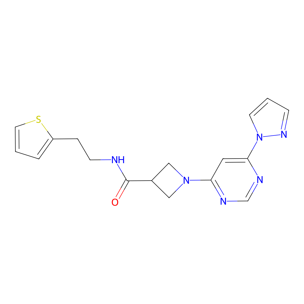 1-[6-(1H-pyrazol-1-yl)pyrimidin-4-yl]-N-[2-(thiophen-2-yl)ethyl]azetidine-3-carboxamide molecular structure, CAS 2034581-48-9