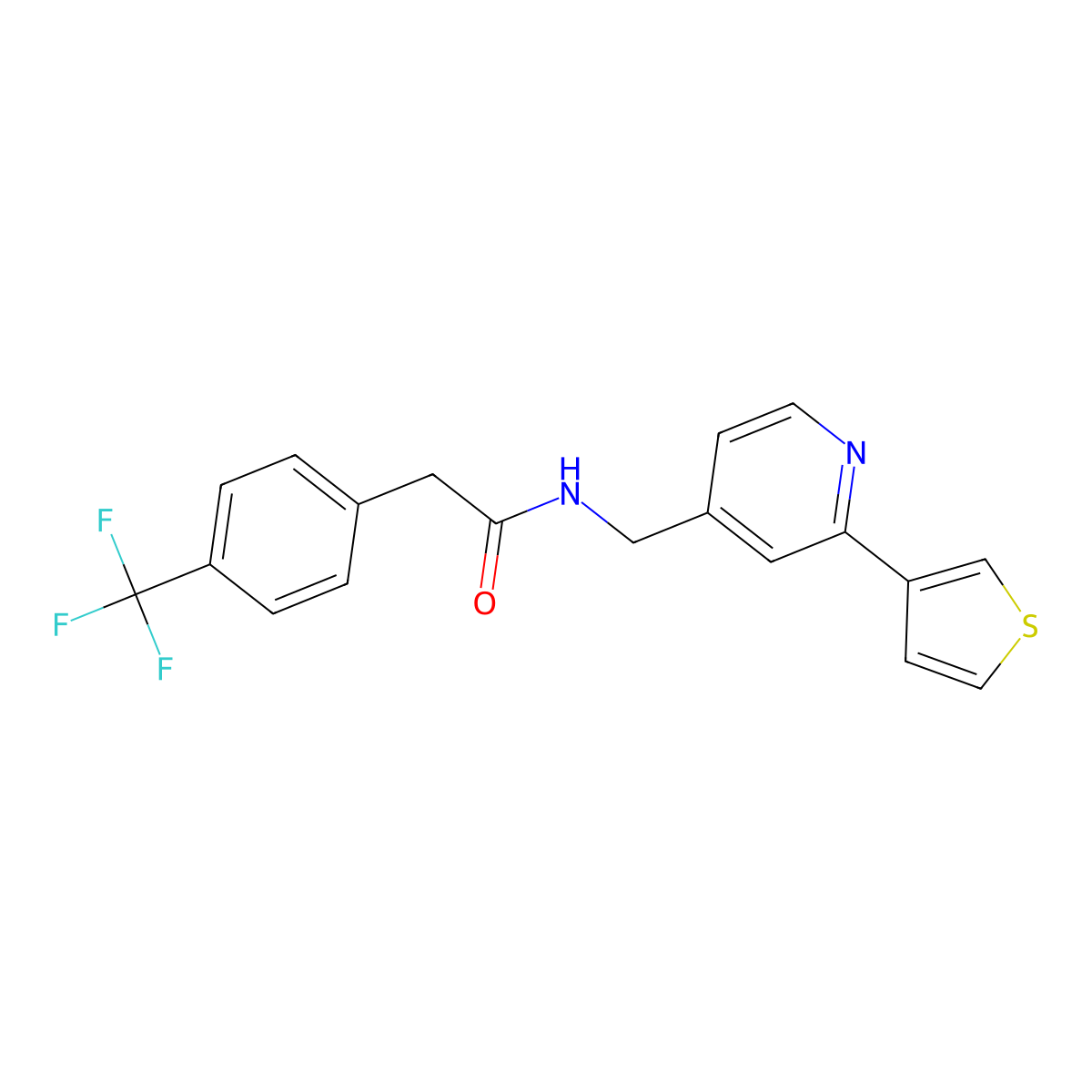 N-((2-(thiophen-3-yl)pyridin-4-yl)methyl)-2-(4-(trifluoromethyl)phenyl)acetamide molecular structure, CAS 2034581-53-6