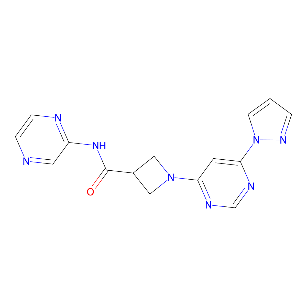 1-(6-(1H-pyrazol-1-yl)pyrimidin-4-yl)-N-(pyrazin-2-yl)azetidine-3-carboxamide molecular structure, CAS 2034581-56-9