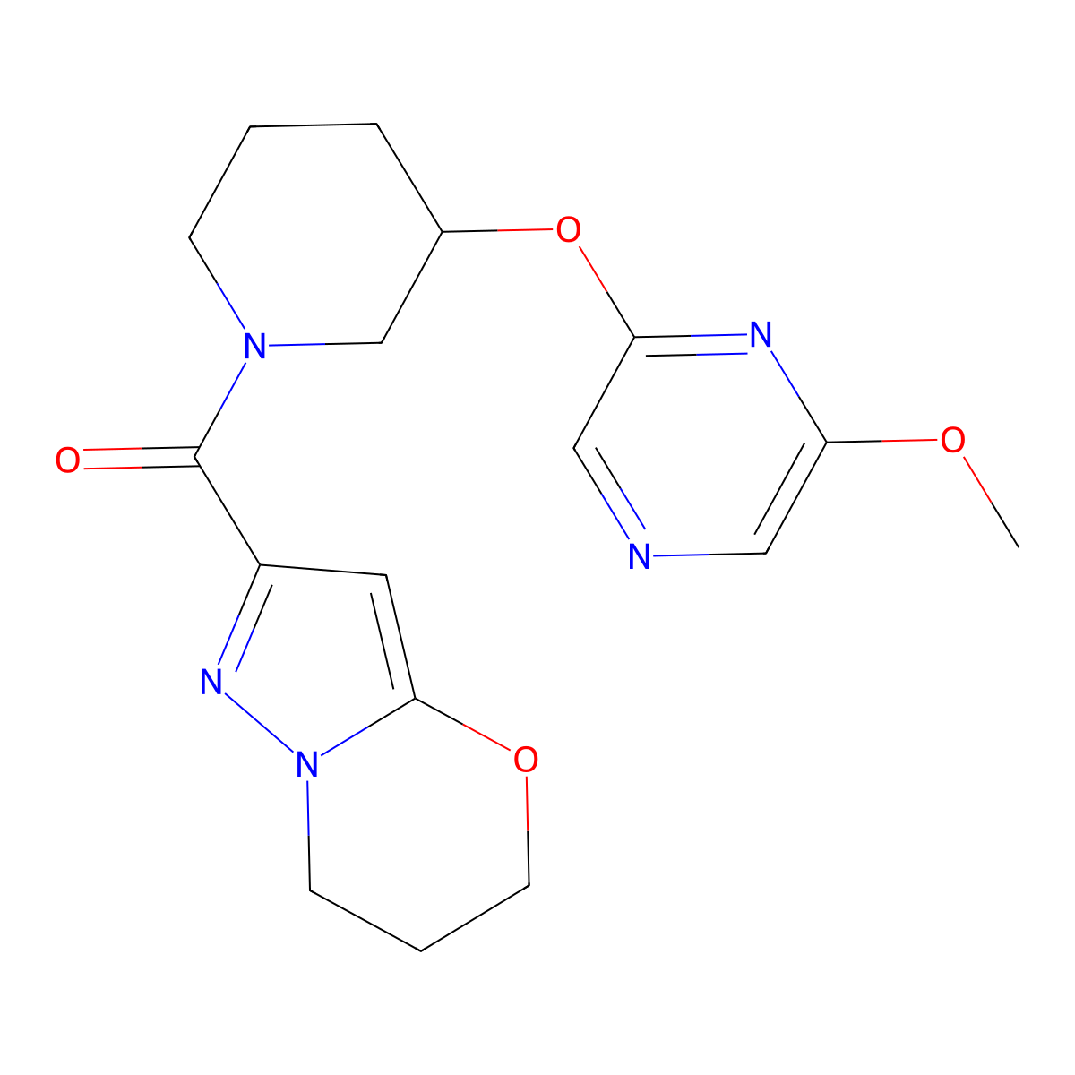 (6,7-dihydro-5H-pyrazolo[5,1-b][1,3]oxazin-2-yl)(3-((6-methoxypyrazin-2-yl)oxy)piperidin-1-yl)methanone molecular structure, CAS 2034581-57-0