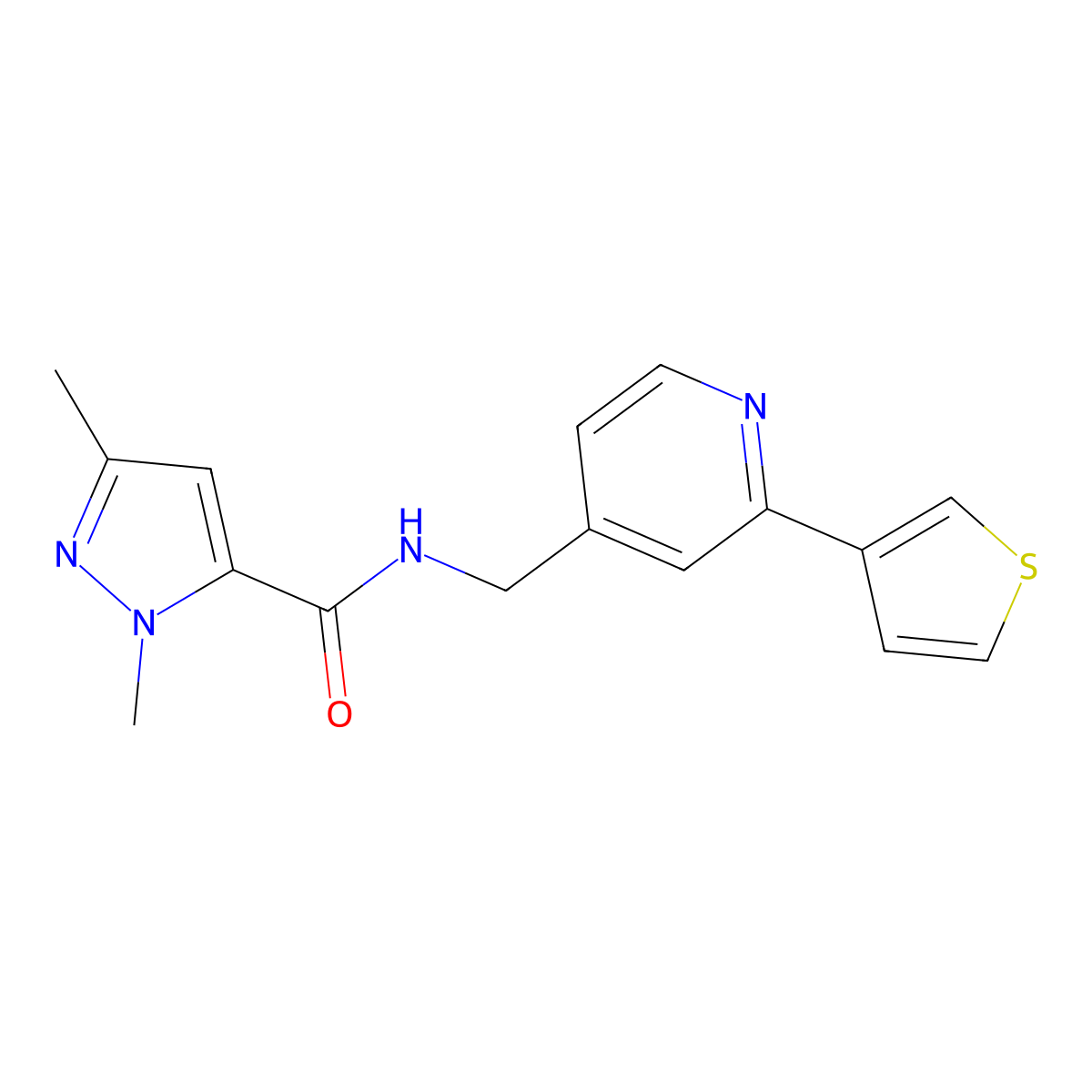 1,3-dimethyl-N-((2-(thiophen-3-yl)pyridin-4-yl)methyl)-1H-pyrazole-5-carboxamide molecular structure, CAS 2034581-60-5