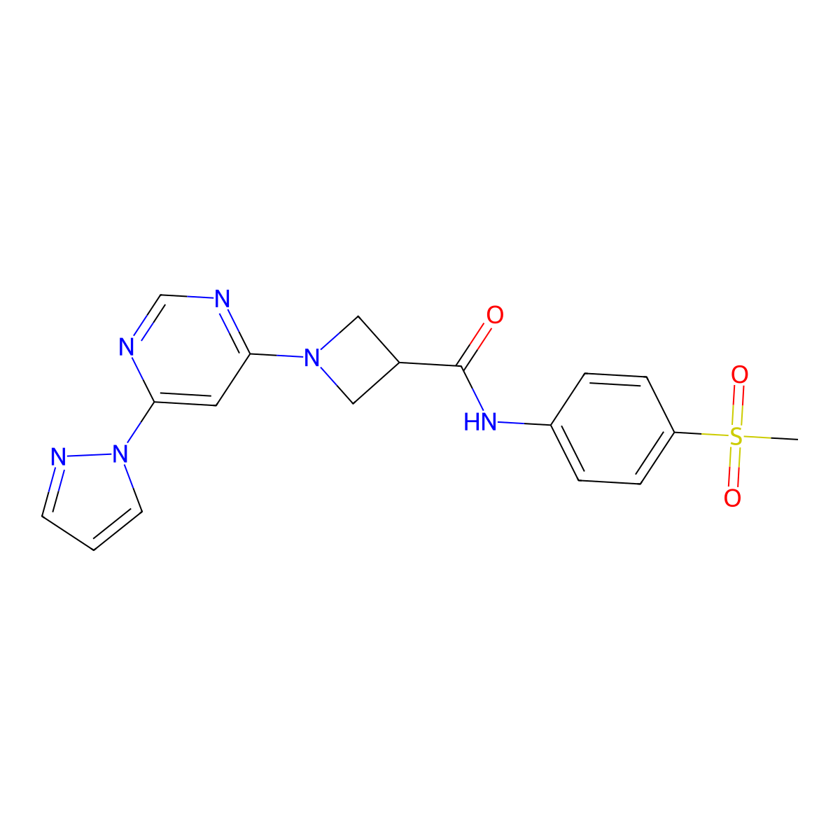 1-(6-(1H-pyrazol-1-yl)pyrimidin-4-yl)-N-(4-(methylsulfonyl)phenyl)azetidine-3-carboxamide molecular structure, CAS 2034581-61-6