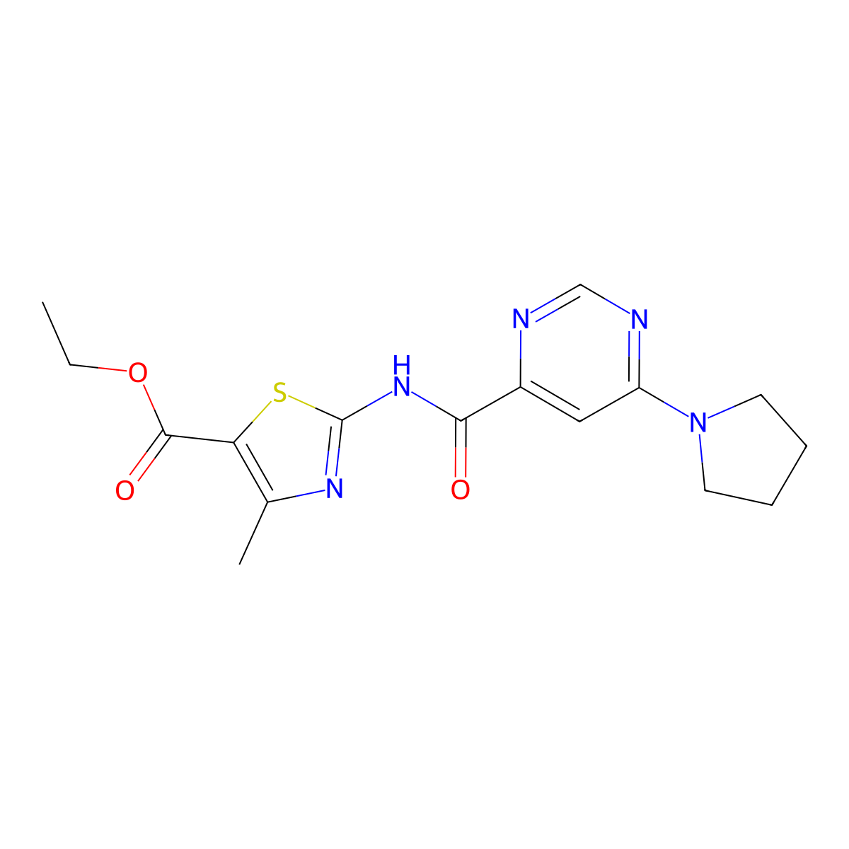 Ethyl 4-methyl-2-(6-(pyrrolidin-1-yl)pyrimidine-4-carboxamido)thiazole-5-carboxylate molecular structure, CAS 2034581-64-9