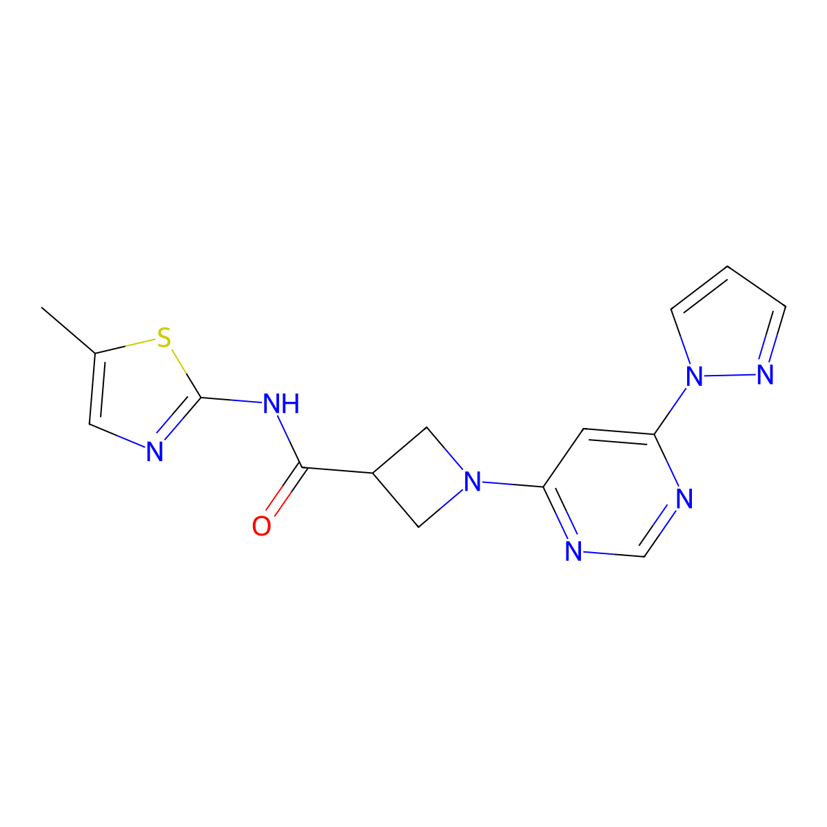 1-(6-(1H-pyrazol-1-yl)pyrimidin-4-yl)-N-(5-methylthiazol-2-yl)azetidine-3-carboxamide molecular structure, CAS 2034581-68-3