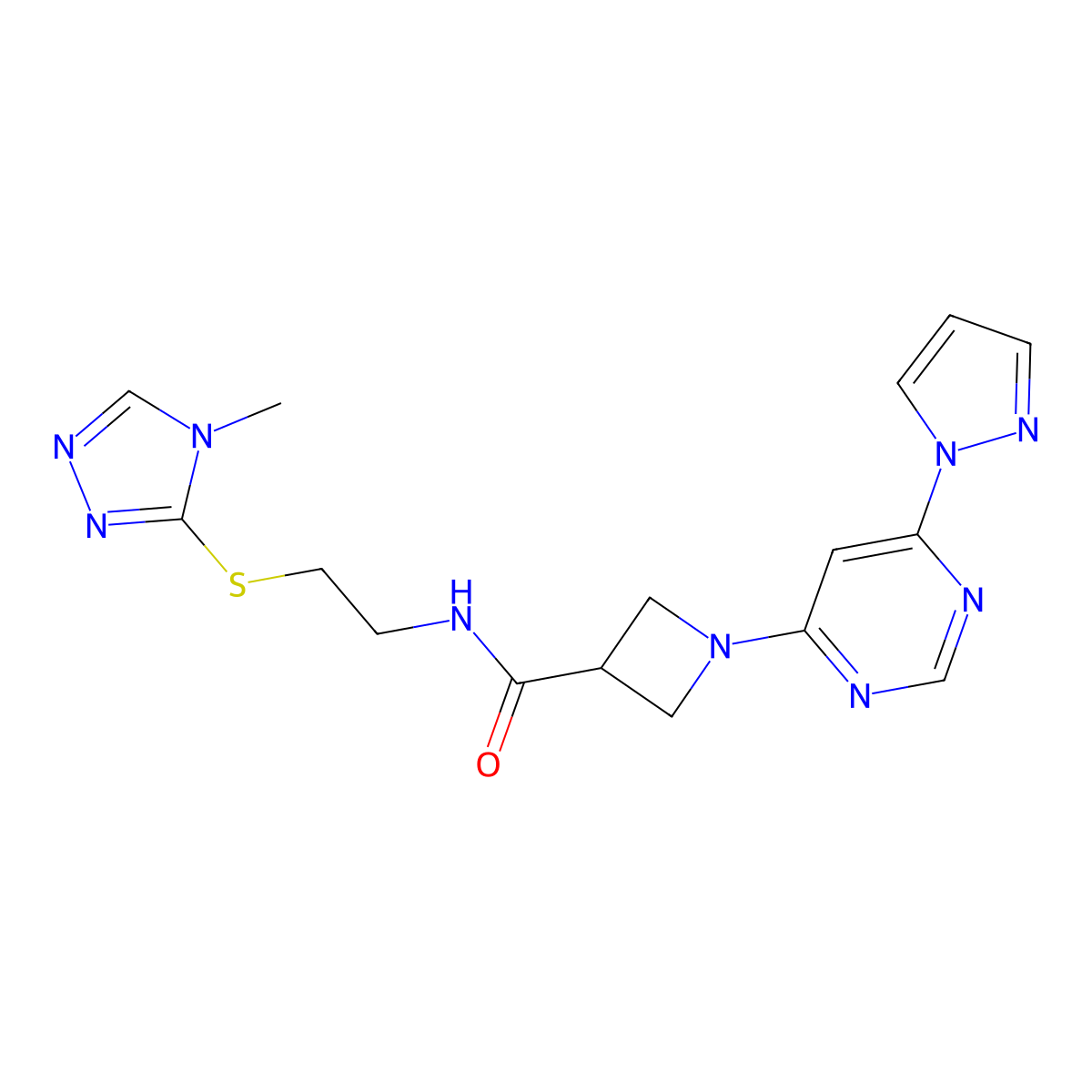 1-(6-(1H-pyrazol-1-yl)pyrimidin-4-yl)-N-(2-((4-methyl-4H-1,2,4-triazol-3-yl)thio)ethyl)azetidine-3-carboxamide molecular structure, CAS 2034581-79-6