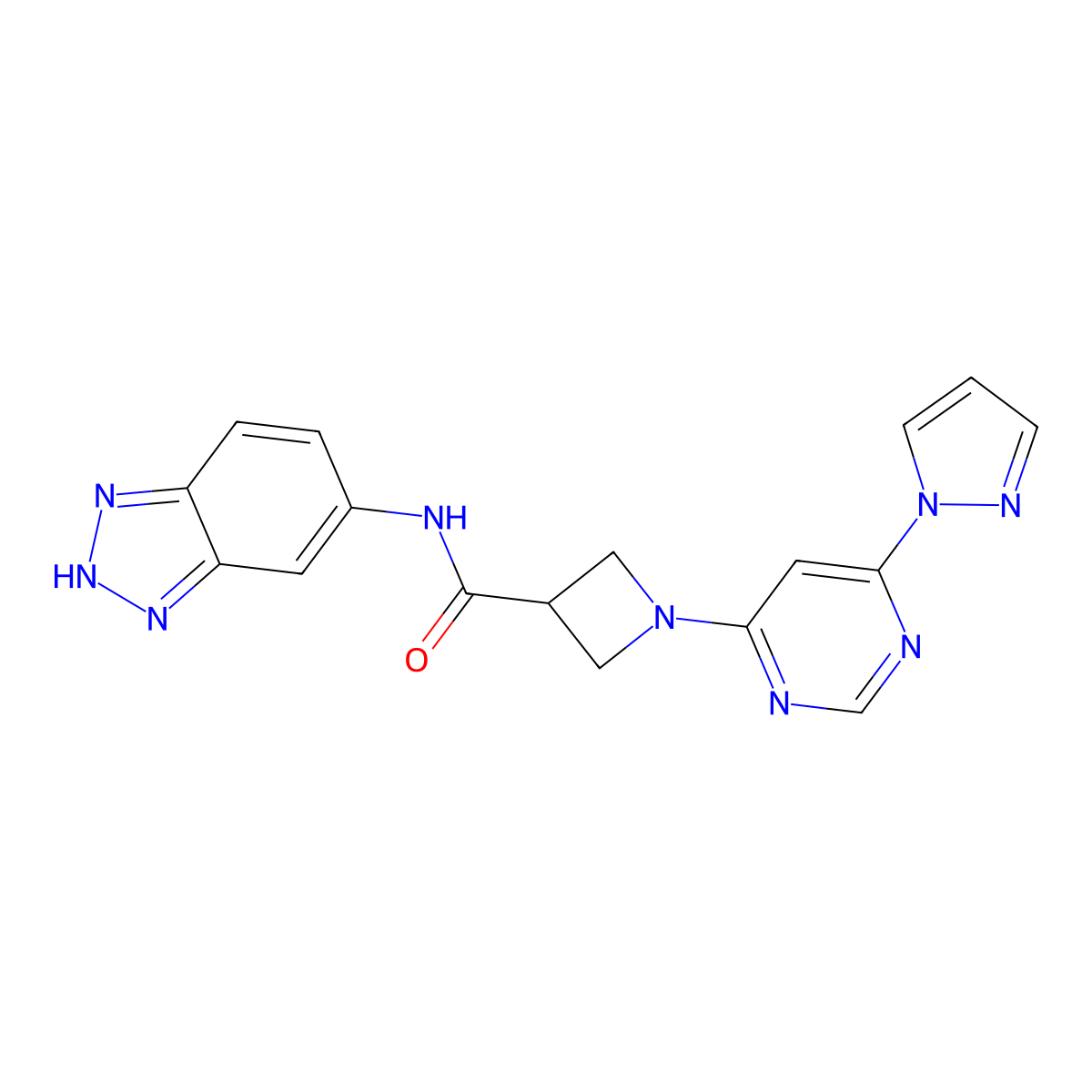 1-(6-(1H-pyrazol-1-yl)pyrimidin-4-yl)-N-(1H-benzo[d][1,2,3]triazol-5-yl)azetidine-3-carboxamide molecular structure, CAS 2034581-87-6
