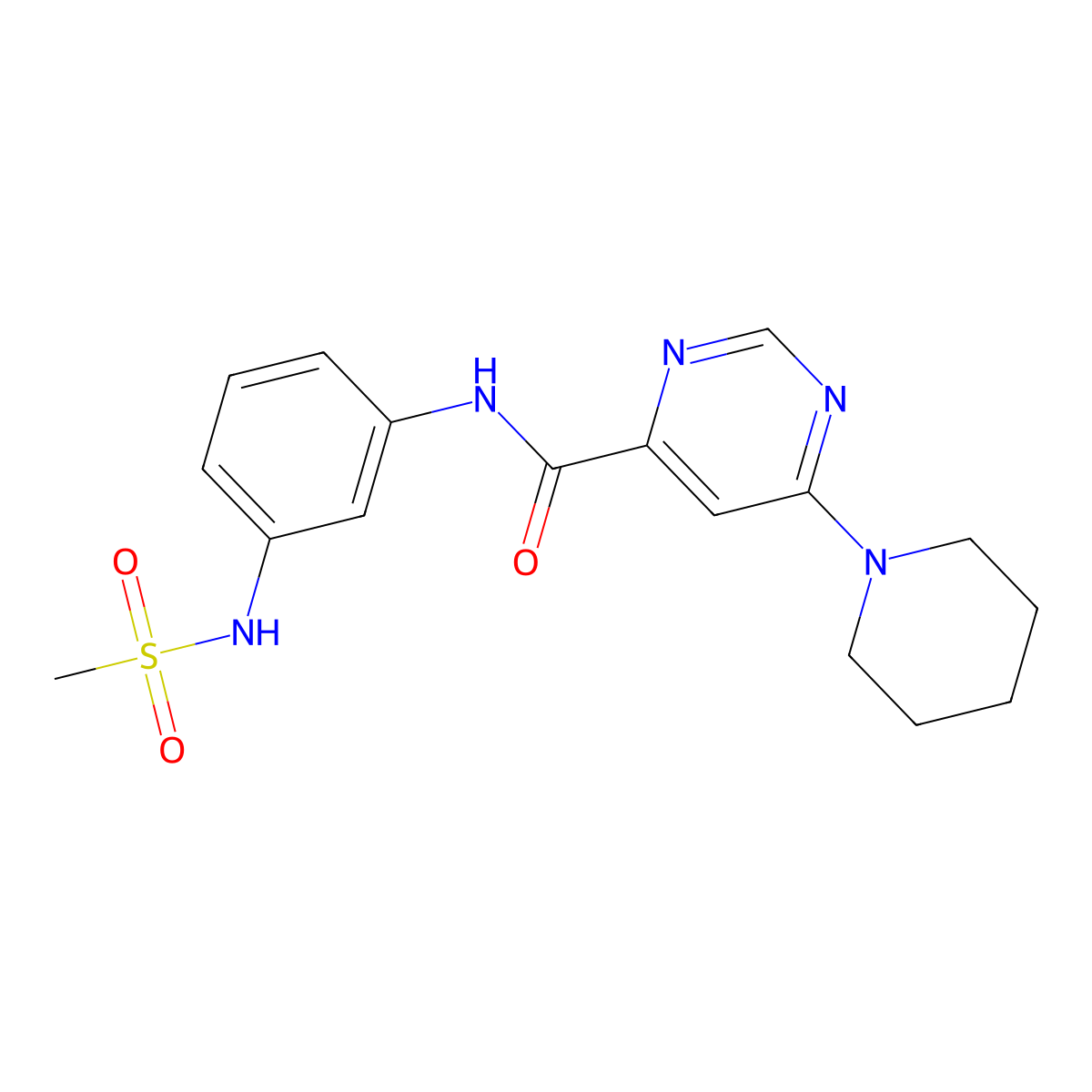 N-(3-methanesulfonamidophenyl)-6-(piperidin-1-yl)pyrimidine-4-carboxamide molecular structure, CAS 2034581-89-8