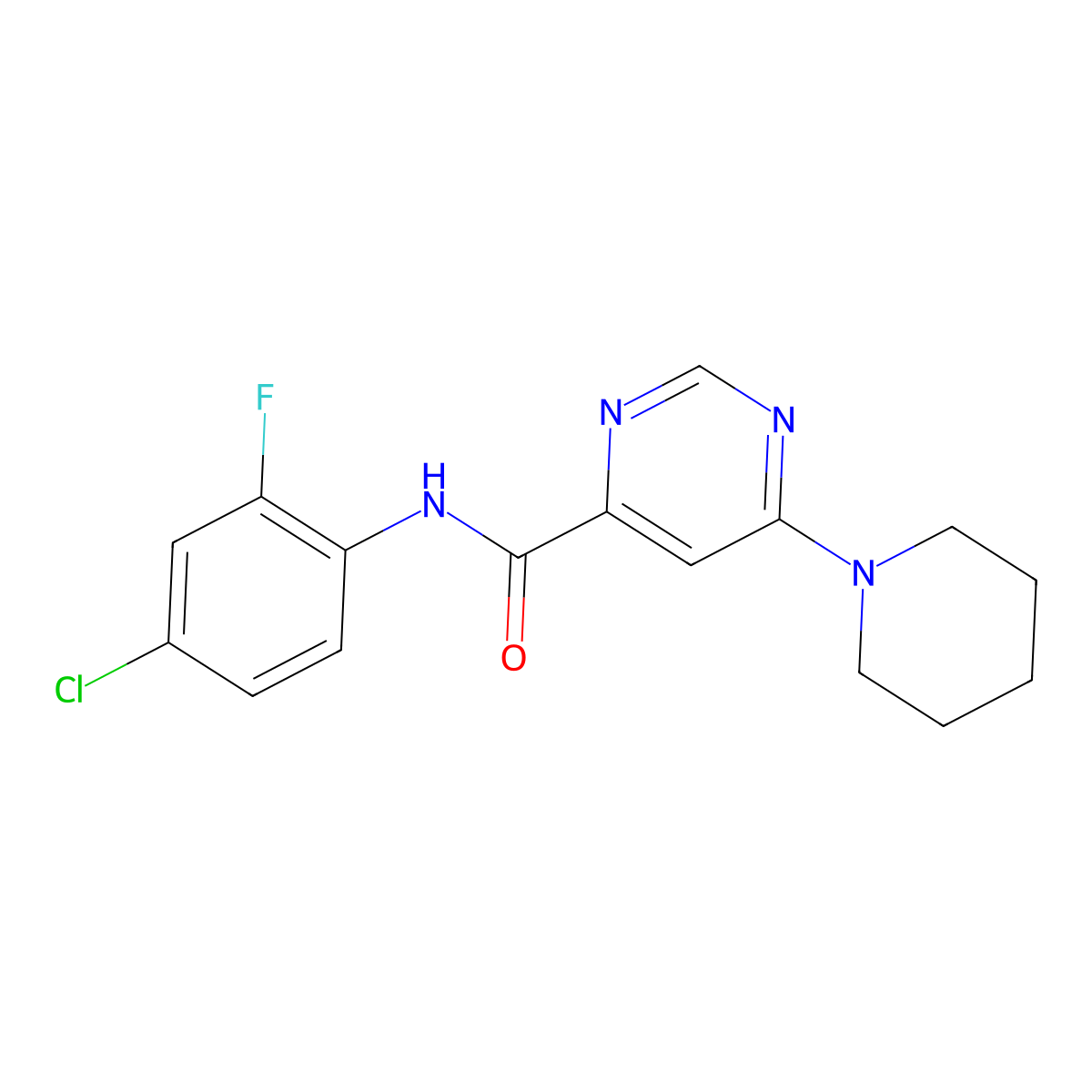 N-(4-chloro-2-fluorophenyl)-6-(piperidin-1-yl)pyrimidine-4-carboxamide molecular structure, CAS 2034581-95-6
