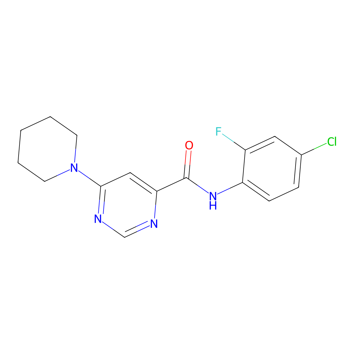 N-(4-chloro-2-fluorophenyl)-6-(piperidin-1-yl)pyrimidine-4-carboxamide molecular structure, CAS 2034581-95-6