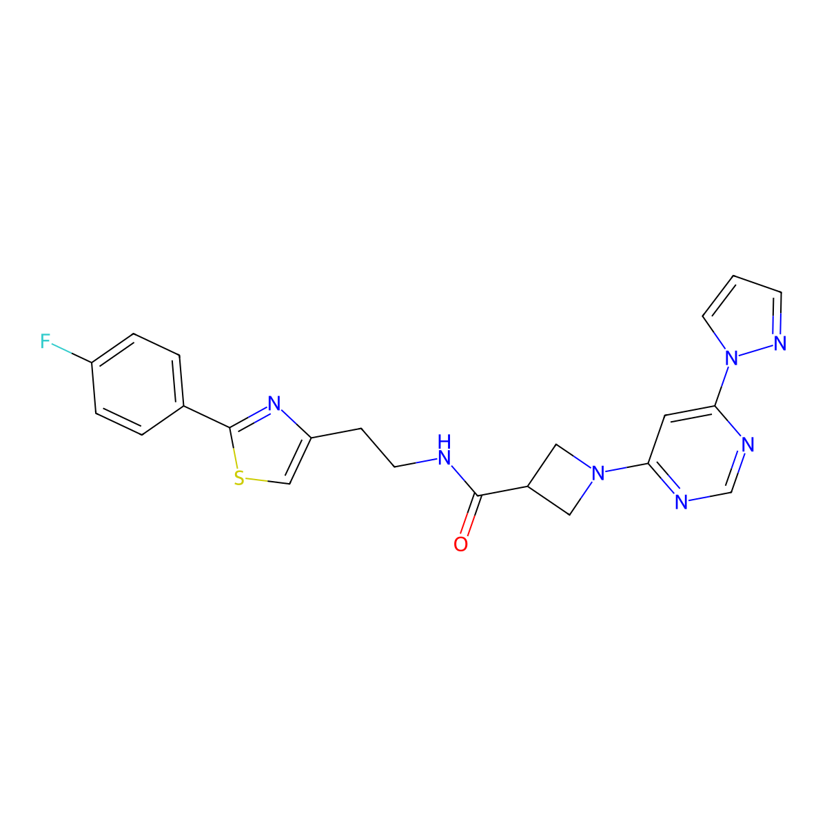 1-(6-(1H-pyrazol-1-yl)pyrimidin-4-yl)-N-(2-(2-(4-fluorophenyl)thiazol-4-yl)ethyl)azetidine-3-carboxamide molecular structure, CAS 2034581-98-9