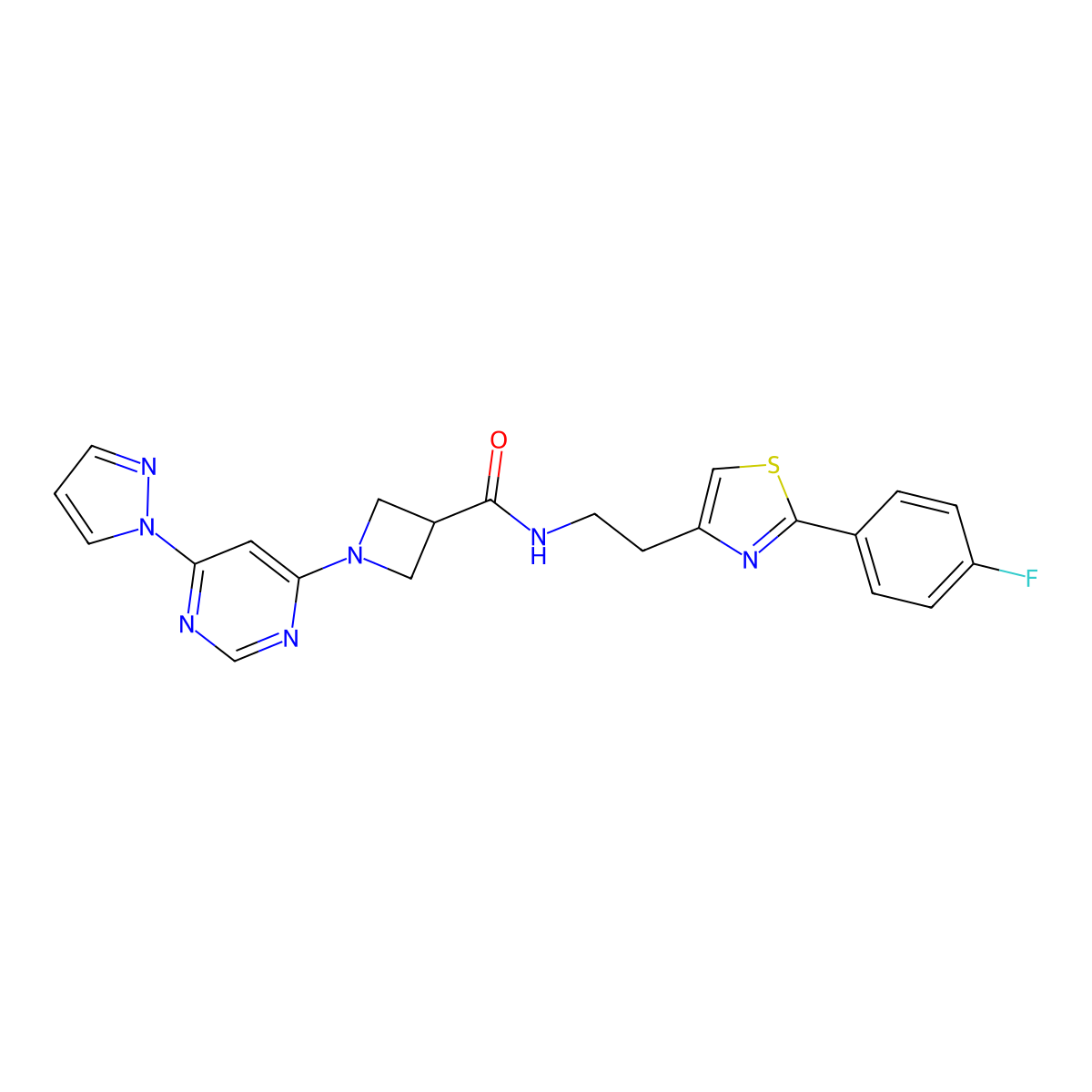 1-(6-(1H-pyrazol-1-yl)pyrimidin-4-yl)-N-(2-(2-(4-fluorophenyl)thiazol-4-yl)ethyl)azetidine-3-carboxamide molecular structure, CAS 2034581-98-9