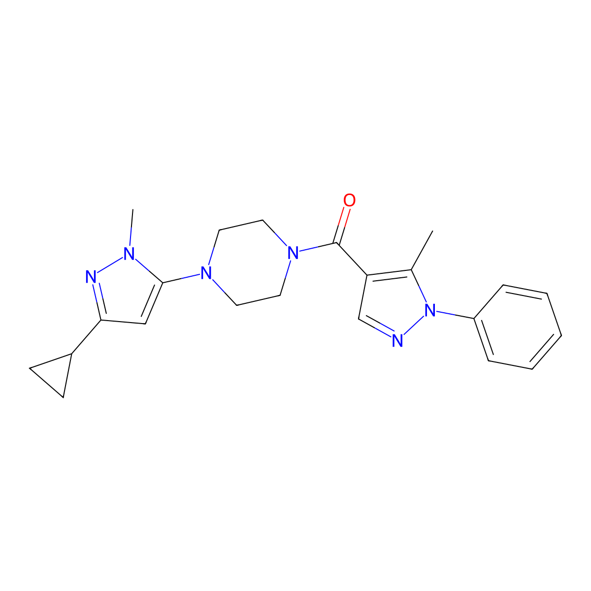 (4-(3-cyclopropyl-1-methyl-1H-pyrazol-5-yl)piperazin-1-yl)(5-methyl-1-phenyl-1H-pyrazol-4-yl)methanone molecular structure, CAS 2034582-07-3