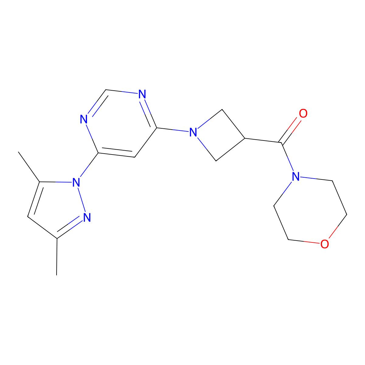 (1-(6-(3,5-dimethyl-1H-pyrazol-1-yl)pyrimidin-4-yl)azetidin-3-yl)(morpholino)methanone molecular structure, CAS 2034582-08-4