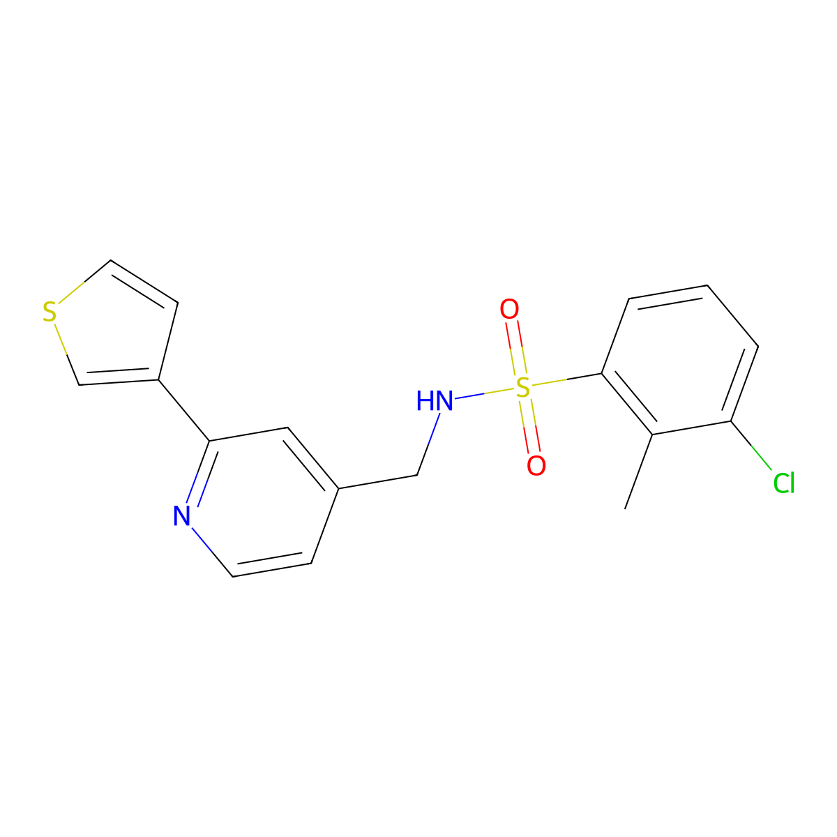 3-chloro-2-methyl-N-((2-(thiophen-3-yl)pyridin-4-yl)methyl)benzenesulfonamide molecular structure, CAS 2034582-10-8