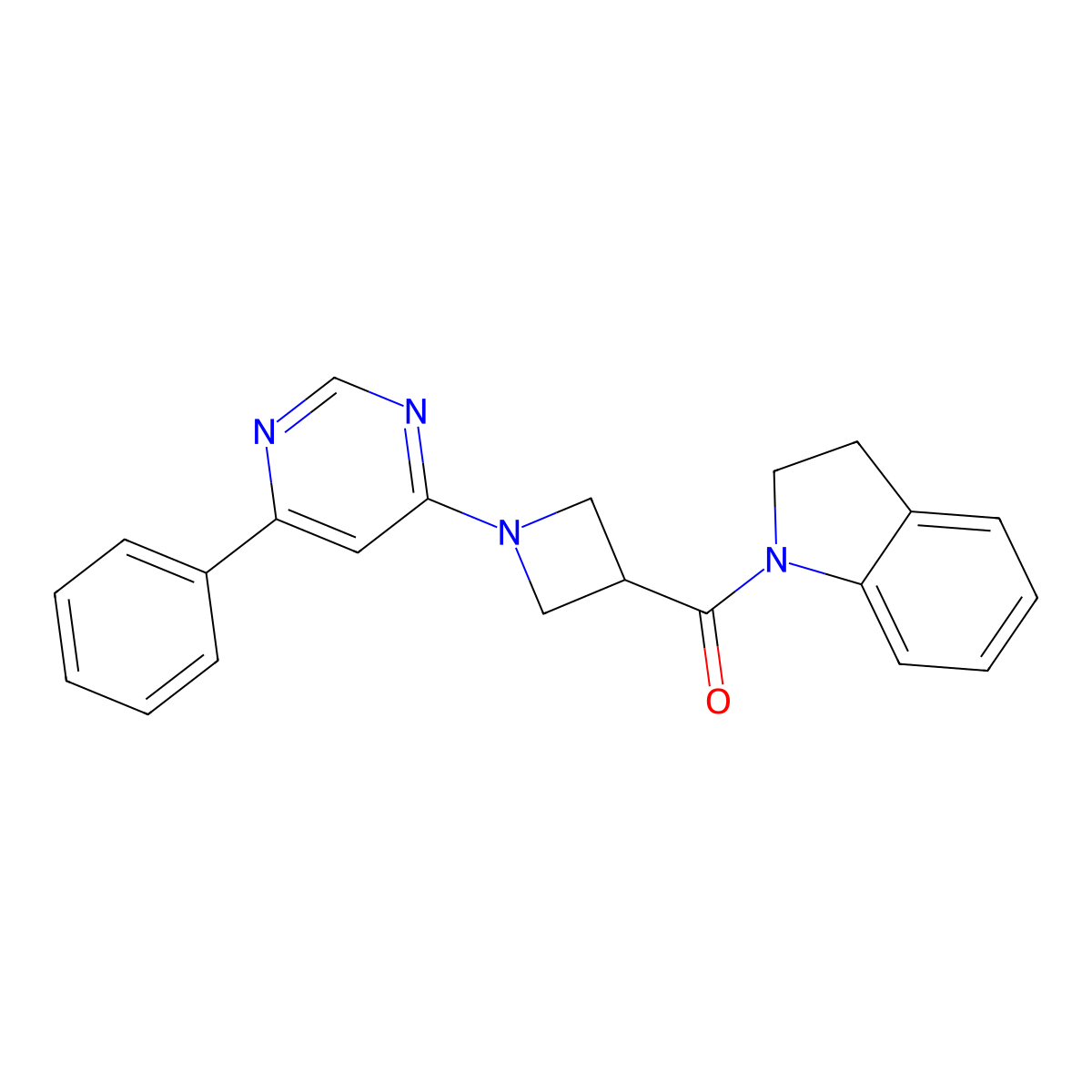 Indolin-1-yl(1-(6-phenylpyrimidin-4-yl)azetidin-3-yl)methanone molecular structure, CAS 2034582-11-9
