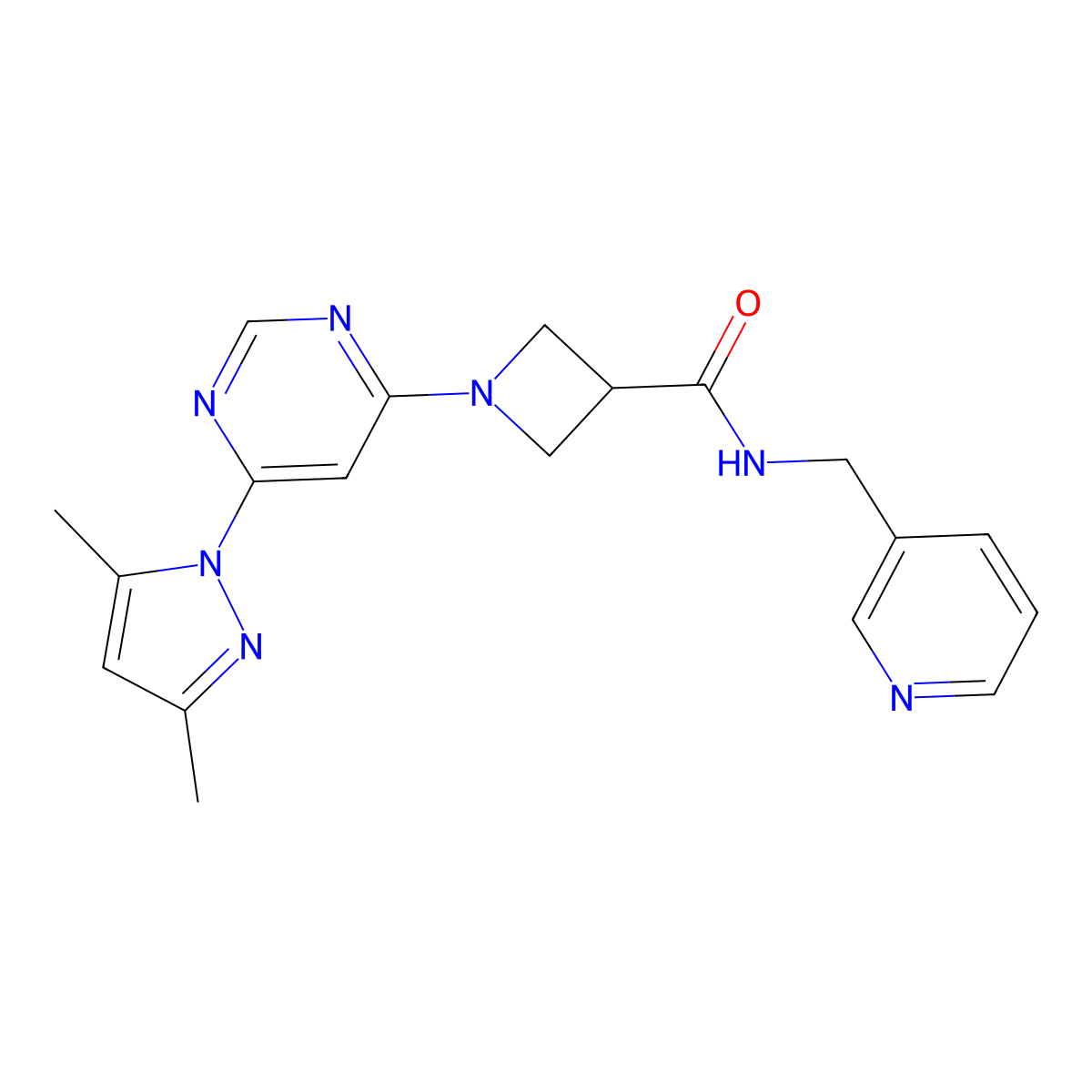1-(6-(3,5-dimethyl-1H-pyrazol-1-yl)pyrimidin-4-yl)-N-(pyridin-3-ylmethyl)azetidine-3-carboxamide molecular structure, CAS 2034582-13-1