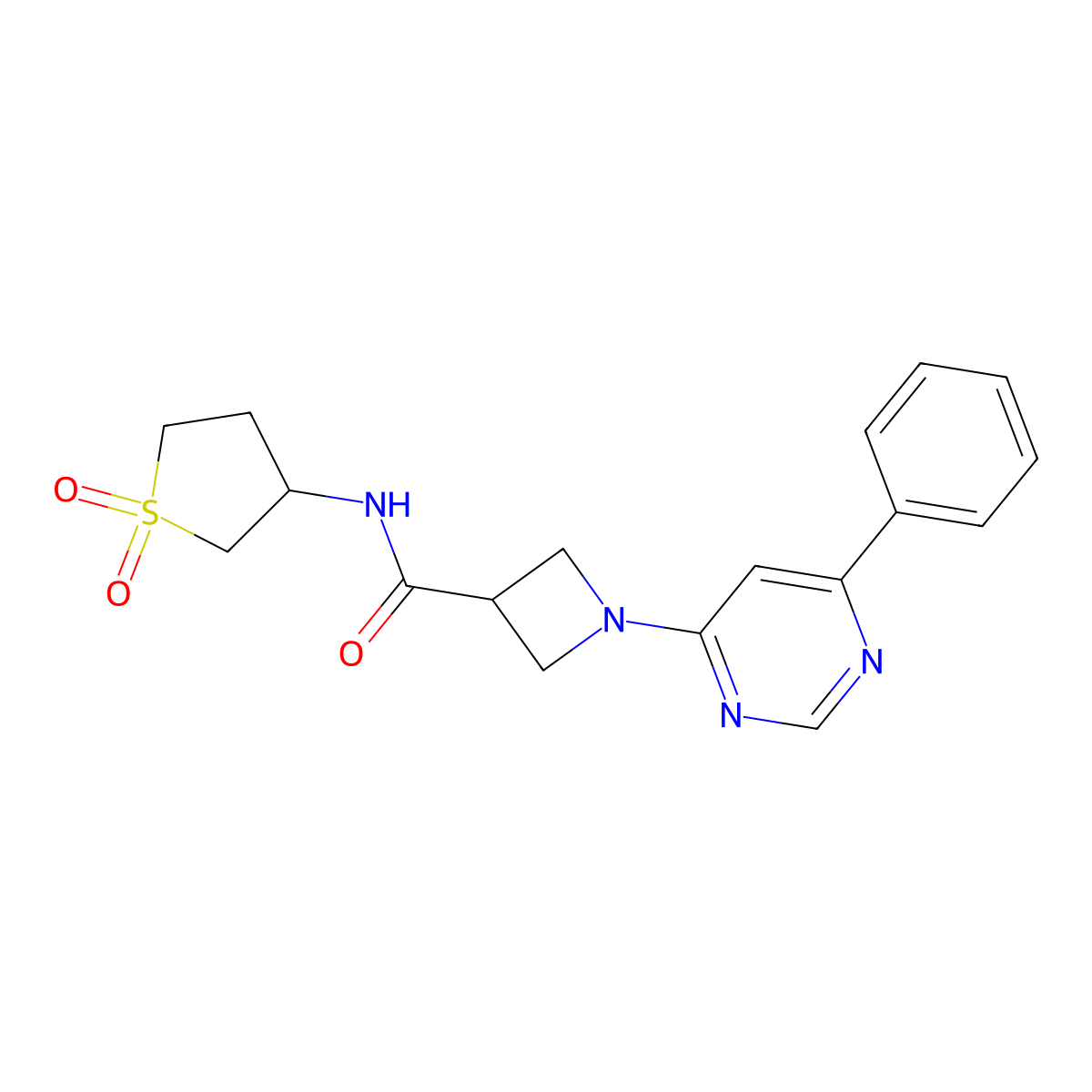 N-(1,1-dioxidotetrahydrothiophen-3-yl)-1-(6-phenylpyrimidin-4-yl)azetidine-3-carboxamide molecular structure, CAS 2034582-21-1