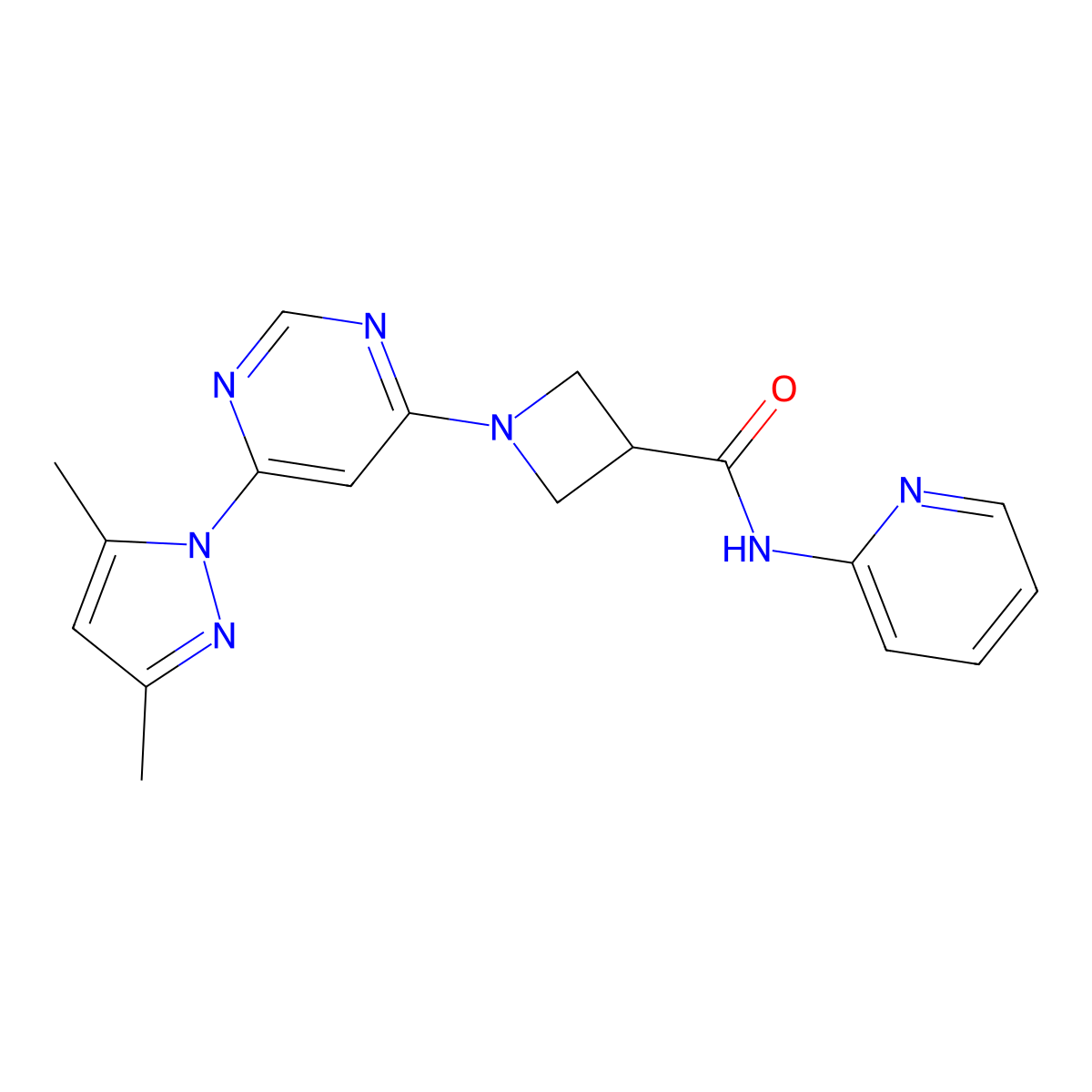 1-(6-(3,5-dimethyl-1H-pyrazol-1-yl)pyrimidin-4-yl)-N-(pyridin-2-yl)azetidine-3-carboxamide molecular structure, CAS 2034582-22-2