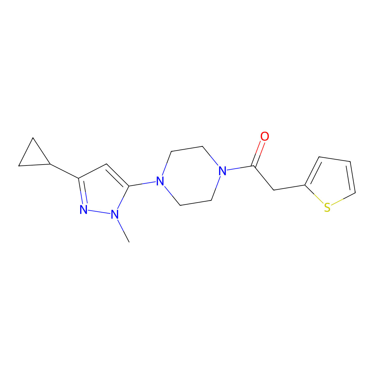 1-(4-(3-cyclopropyl-1-methyl-1H-pyrazol-5-yl)piperazin-1-yl)-2-(thiophen-2-yl)ethanone molecular structure, CAS 2034582-25-5