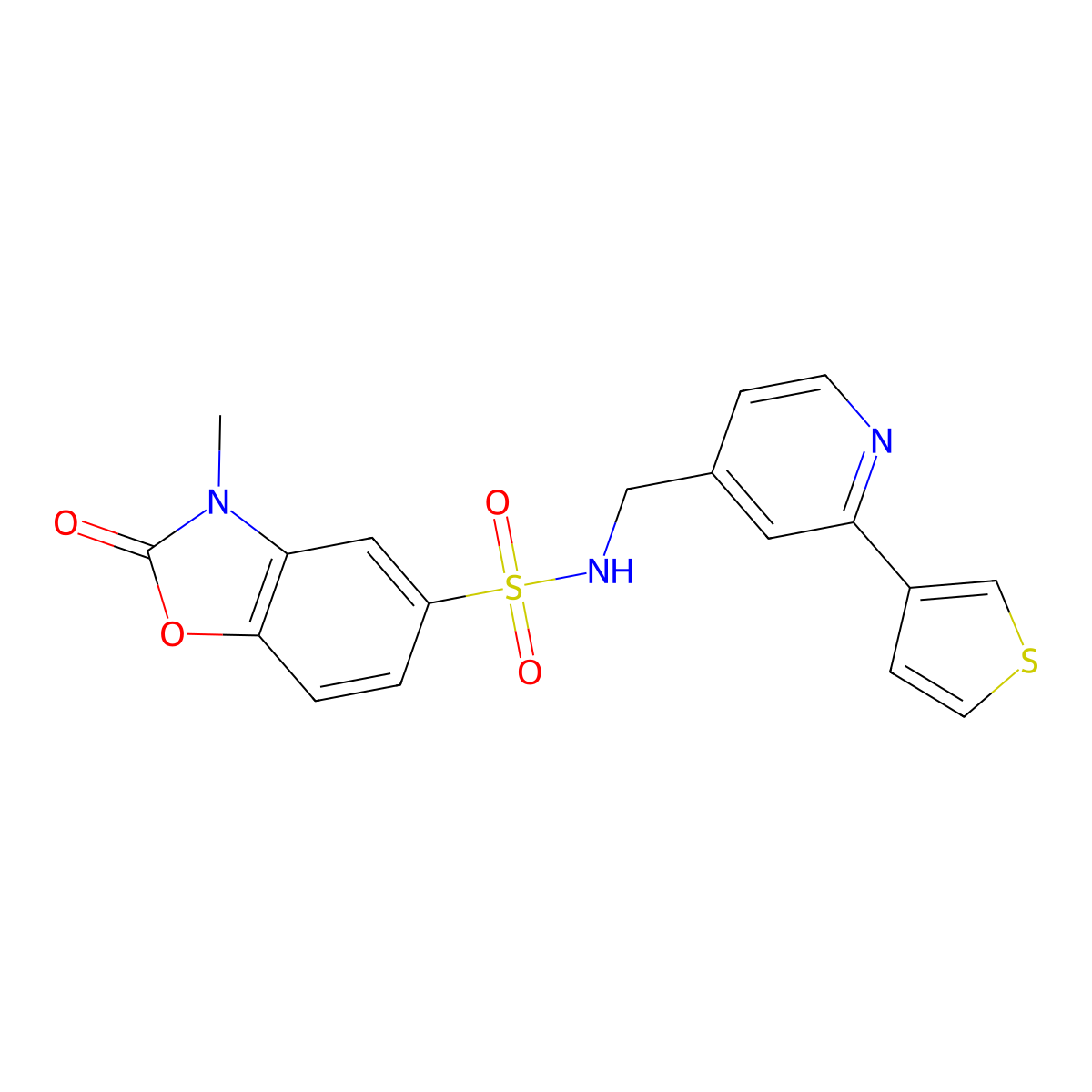 3-methyl-2-oxo-N-((2-(thiophen-3-yl)pyridin-4-yl)methyl)-2,3-dihydrobenzo[d]oxazole-5-sulfonamide molecular structure, CAS 2034582-27-7